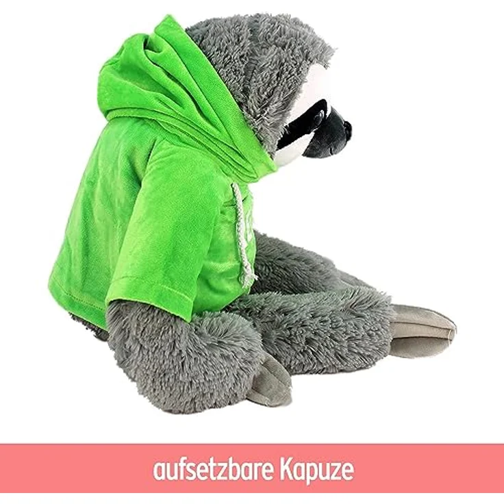 BEMIRO Faultier Kuscheltier mit Kapuze - grün Relax - ca. 70 cm, Faultier Kuscheltier mit Pulli, Kletthände zum anhängen, Plüschtier Faultier mit Hoodie – Bild 3