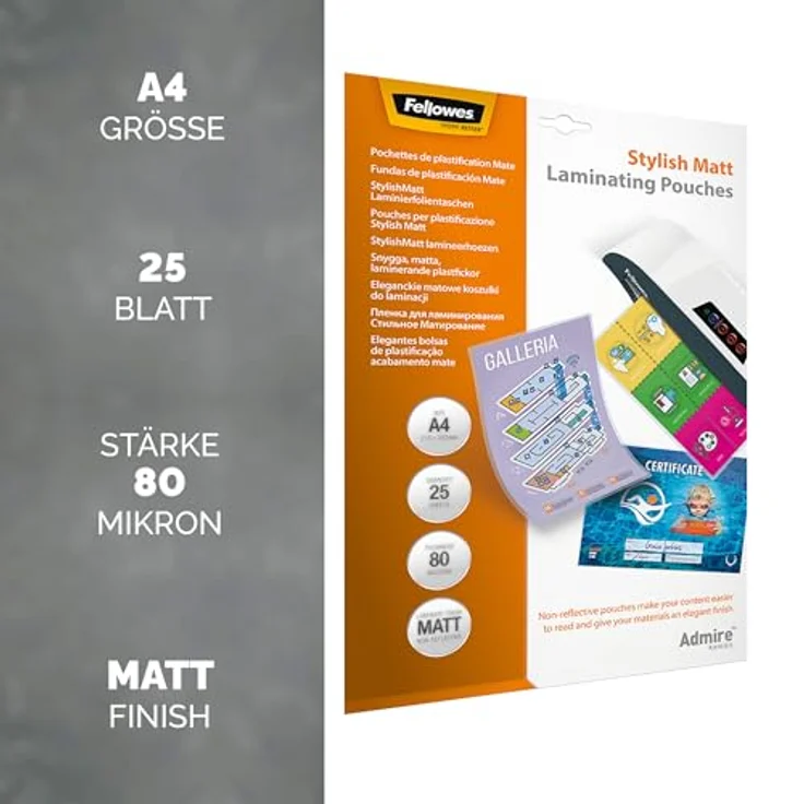 FELLOWES Permanentmarker Admire Stylish Matt A4, 80 mic, 25 Stück, nicht-reflektierende Folien für bessere Lesbarkeit – Bild 2