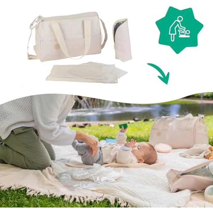 Badabulle Wickeltasche Pocketstyle Creme - Kinderwagentasche mit 23L Fassungsvermögen und Zubehör – Bild 5