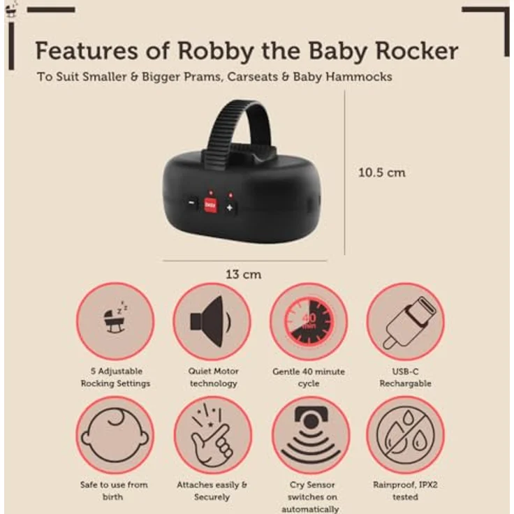 ZAZU Robby, automatischer Kinderwagenschaukler mit Babyschreisensor, 5 Wiege-Stufen, 40-Minuten-Timer, USB-C Akku, IPX1 spritzwassergeschützt, Schwarz – Bild 4