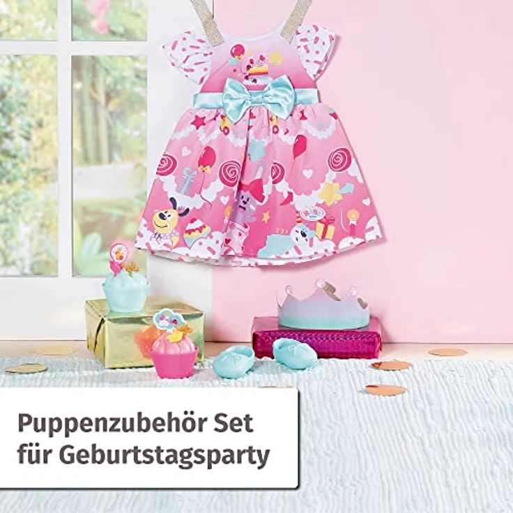 BABY Born Zapf Creation 834152 Deluxe Geburtstag 43cm-Puppenzubehör Puppenkleidung Set bestehend aus Kleid, Schuhen, Papierkrone und Törtchen, rosa türkis – Bild 2