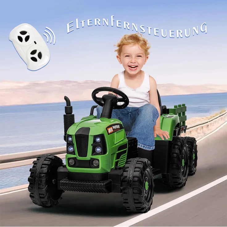 Autolock Elektro-Kindertraktor mit Anhänger, Fernbedienung, 3 Geschwindigkeiten, USB, MP3, Bluetooth, LED, grün