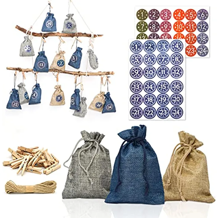 DuneDesign PERFEKT FÜR 2023: DIY Adventskalender zum Befüllen - 24 Adventskalender Säckchen Stoff mit Girlande und Sticker-Set - Weihnachtskalender zum Selber Befüllen Adventstüten zum Befüllen Kinder