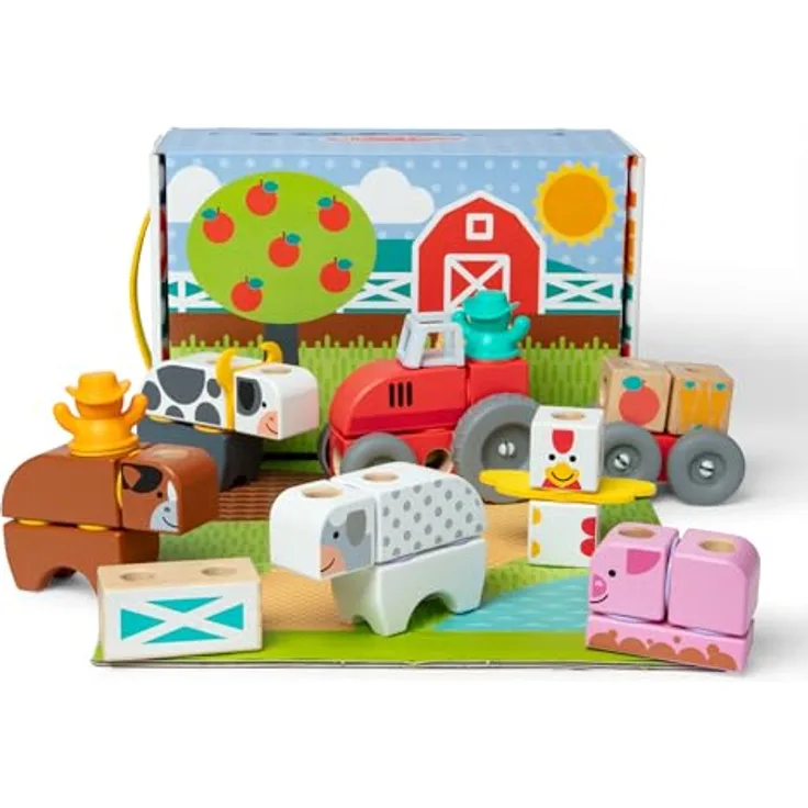 Melissa & Doug Blockables Bauernhof Bauset, 56-teiliges Set mit Holzbausteinen, Steckverbindungen und Filzaccessoires für kreatives Spiel, für Kinder ab 2 Jahren