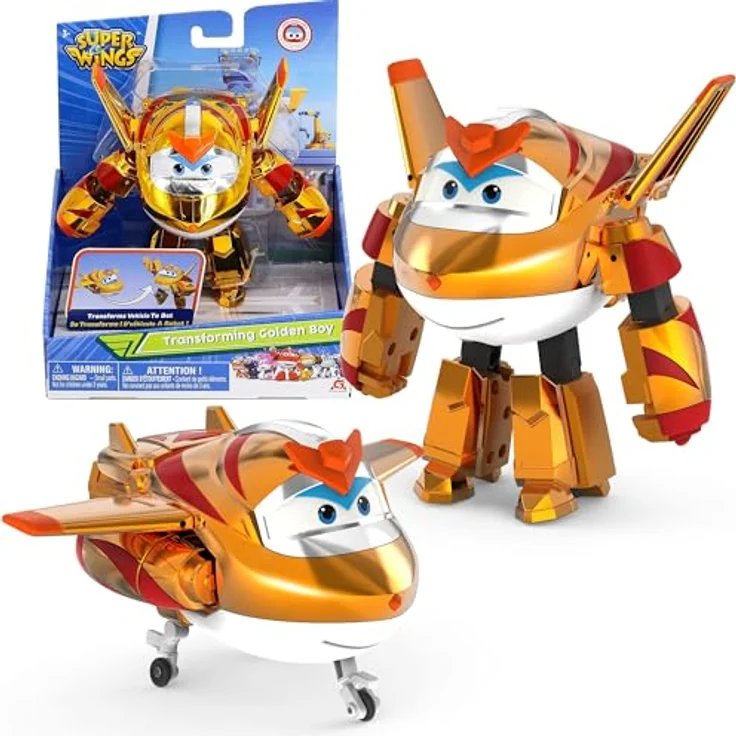 Super Wings Transforming Golden Boy, 12.7 cm große verwandelbare Spiel-Figur, Spielzeug-Flugzeug und Roboterfigur in Gold für Kinder ab 3 Jahren – Bild 1