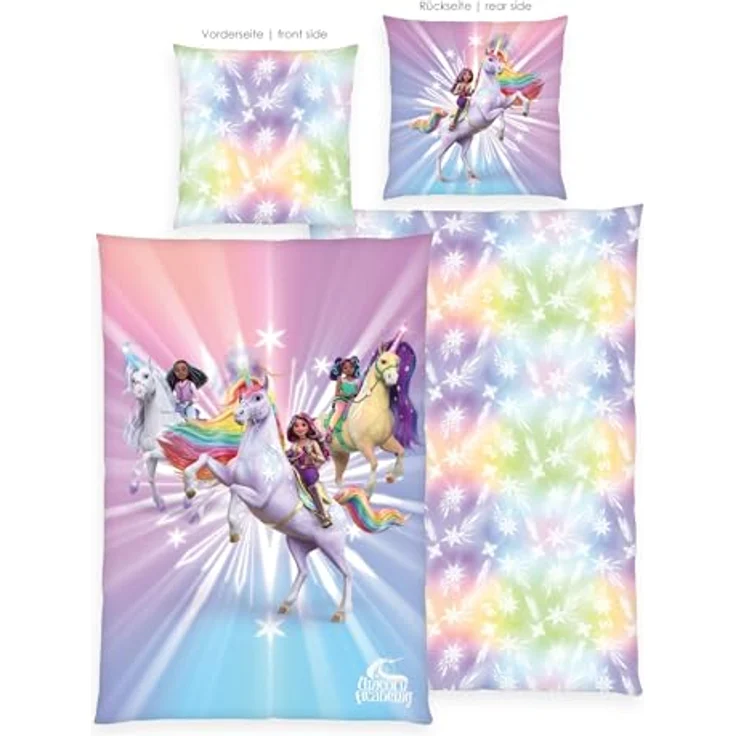Herding Bettwäsche Unicorn Academy, 100% Baumwolle/Renforcé, Kopfkissenbezug 80 x 80 cm, Bettbezug 135 x 200 cm, Reißverschluss, Wendemotiv, Multicolor – Bild 2