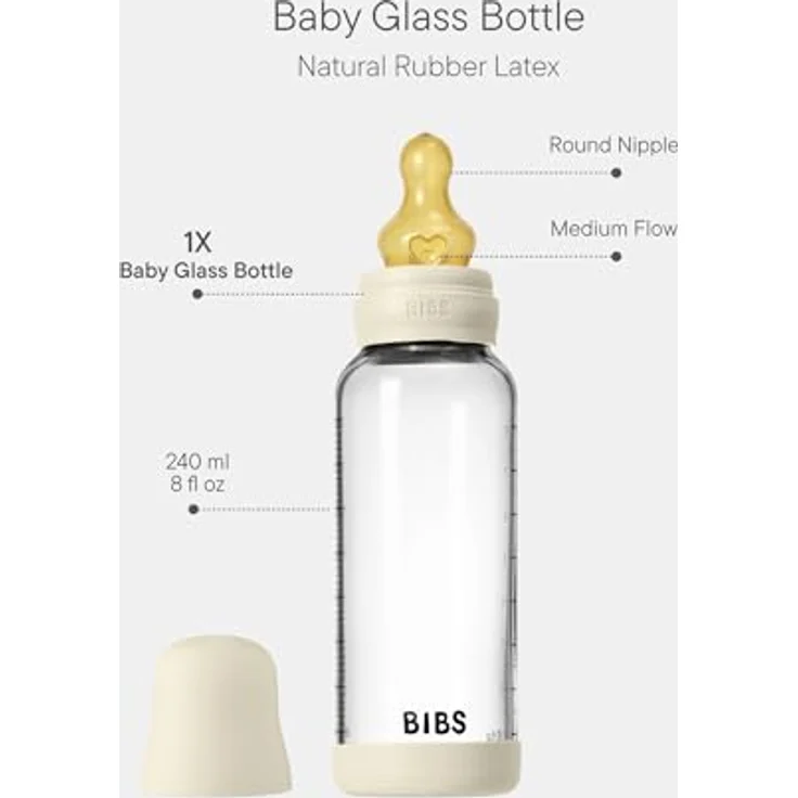 BIBS Baby Glasflasche 240ml, runder Sauger aus Naturkautschuklatex, kolikmindernd, unterstützt das Stillen, hergestellt in Dänemark, Ivory – Bild 2