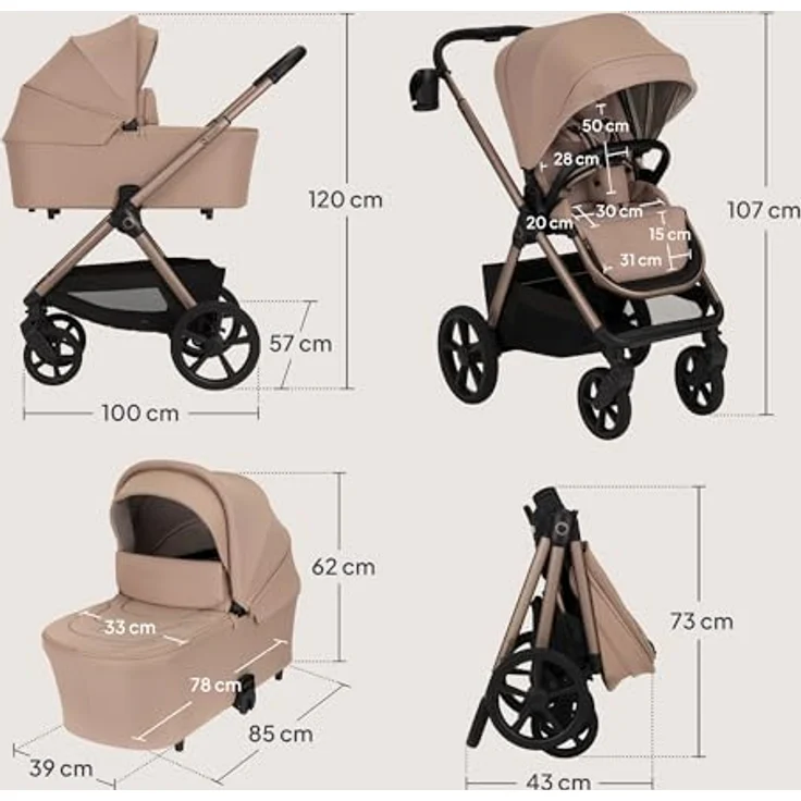 Lionelo Kinderwagen Carmine 3in1, mit Autositz i-Size, Babywanne & Buggy, GravelTech Räder, Federung, UPF50+, Beige – Bild 15