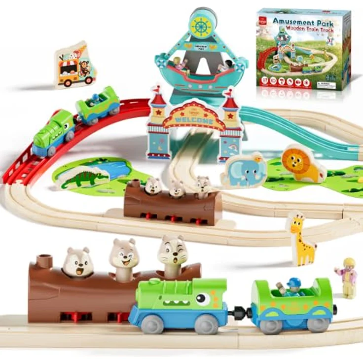 Lehoo Castle Holzeisenbahn, Elektrische Dino-Lok mit interaktiver Pop-up-Tierschiene, Spielzeug ab 3 Jahre – Bild 1