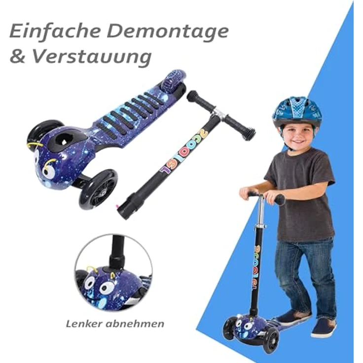 Habib Gruppe Kinderroller 3-Räder, Kinderscooter für Jungen & Mädchen 3-8 Jahre, Höhenverstellbar, rutschfest, mit LED-Rädern, Max. 50 KG – Bild 2