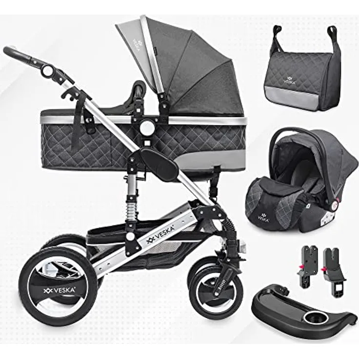 VESKA 3 in 1 Kombi-Kinderwagen Deluxe-Set inkl. Babyschale, Buggy, Jogger - Silber-Anthrazit/Antthrazit - Preisvergleich