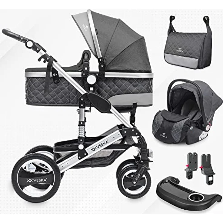 VESKA 3 in 1 Kombi-Kinderwagen Deluxe-Set inkl. Babyschale, Buggy, Jogger - Silber-Anthrazit/Antthrazit - Preisvergleich – Bild 1