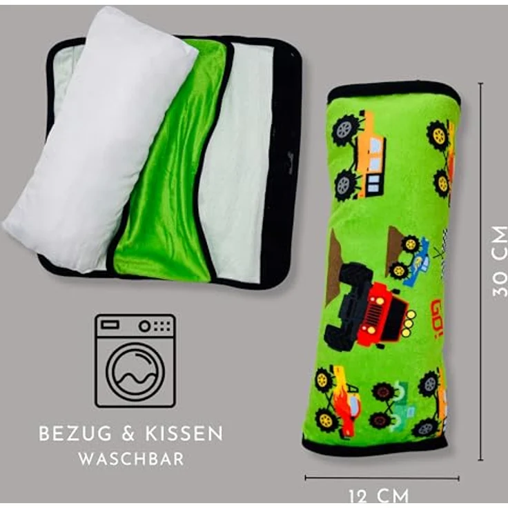 HECKBO Auto Schlafkissen für Kinder, Monster Truck Design, maschinenwaschbar, kuschelweich, Gurtpolster, Reisekissen, vielseitig einsetzbar – Bild 2