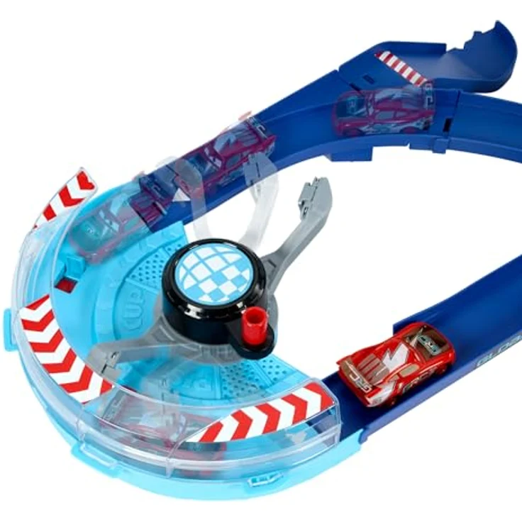 Mattel Disney und Pixar Cars GRC Sprung-Rennstrecke Trackset mit 2 Spielzeugautos, Lightning McQueen und Francesco Bernoulli, manuellem Beschleuniger, HXJ32 – Bild 4