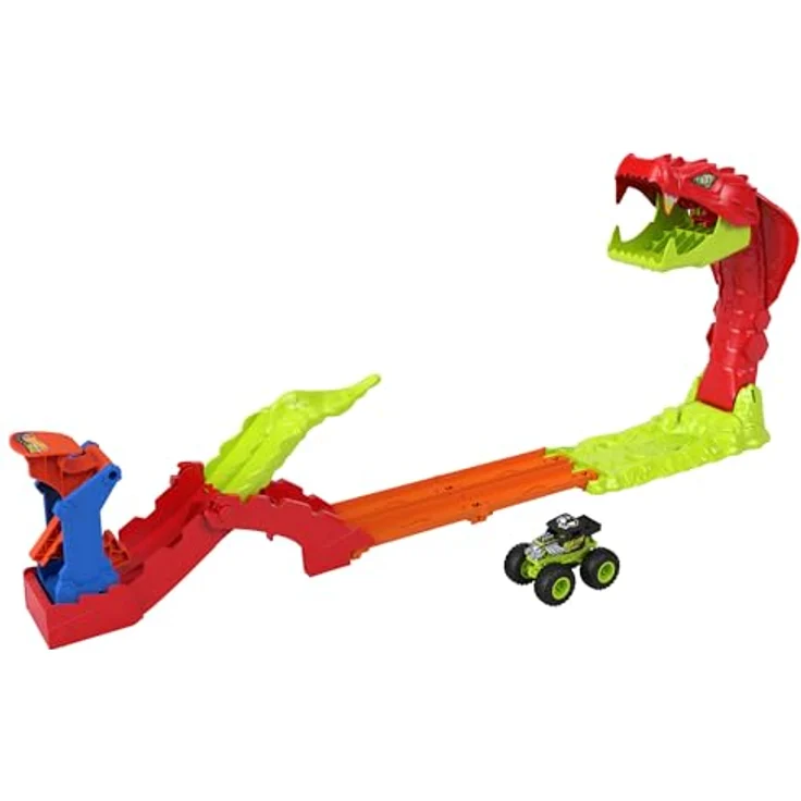 Hot Wheels Monster Trucks Snake Slam Takedown Trackset, inkl. exklusivem Bone Shaker im Maßstab 1:64, mit ausziehbarem Track und Herausforderungen für Kinder ab 3 Jahren – Bild 1