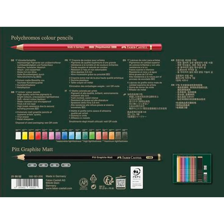 Faber-Castell Polychromos 210052, 17er-Buntstifte-Set mit 3,8-mm-Minen, inkl. 4 Pitt Graphite Matt Bleistifte, Radiergummi und Anspitzer – Bild 3
