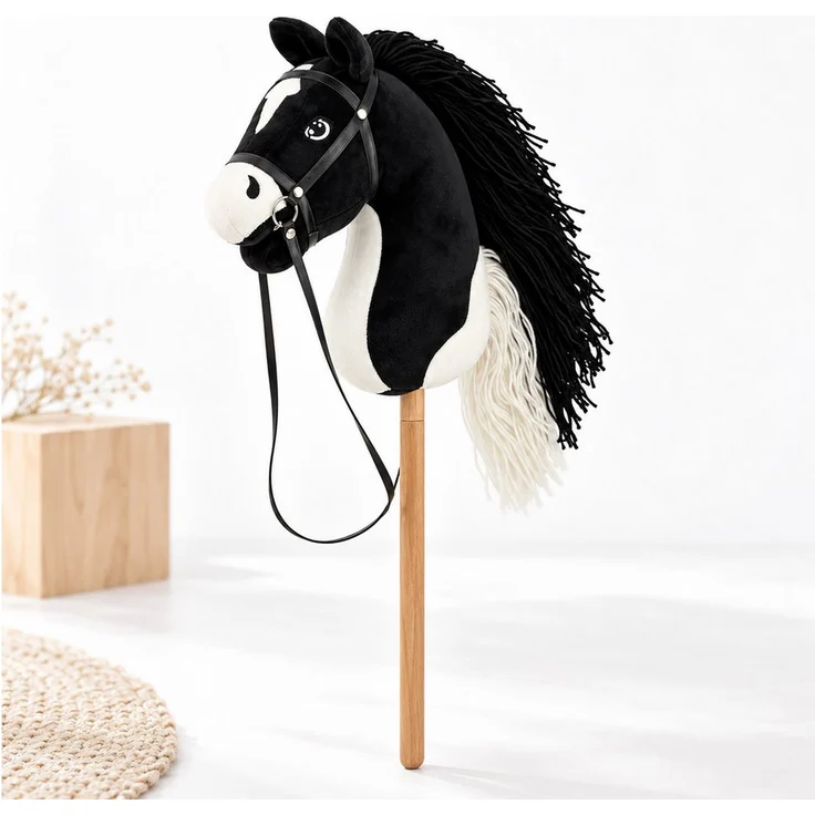 relaxdays Steckenpferd Hobby Horsing Plüsch, 1-tlg., schwarz, mit weichem Plüschkopf und frisierbarer Wollmähne