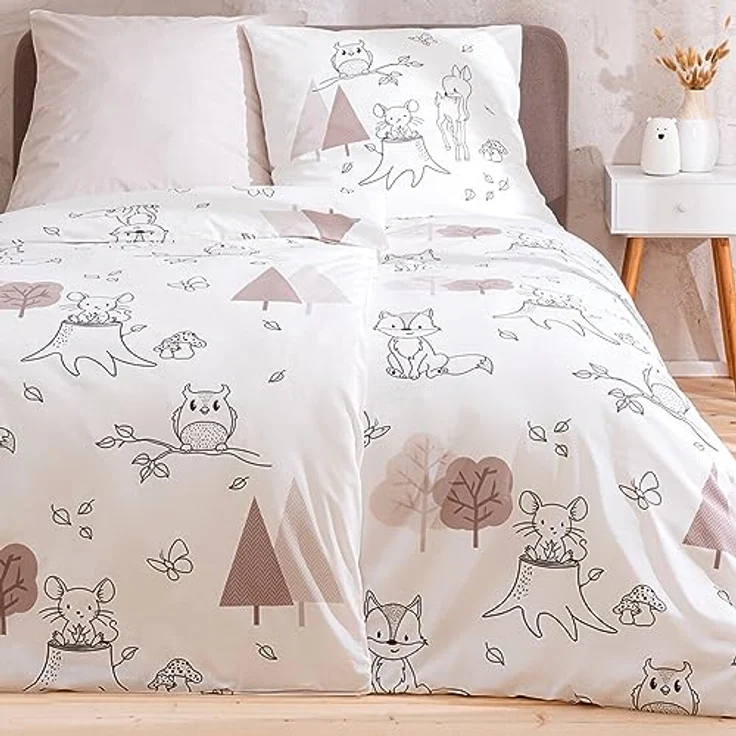 Kinderbettwäsche 135x200 80x80 REH, Fuchs, Eule und Waldtiere - hochwertig & hautfreundlich - Bettwäsche für Mädchen, Jungen - 100% Baumwolle Herbst (Waldtiere) – Bild 1