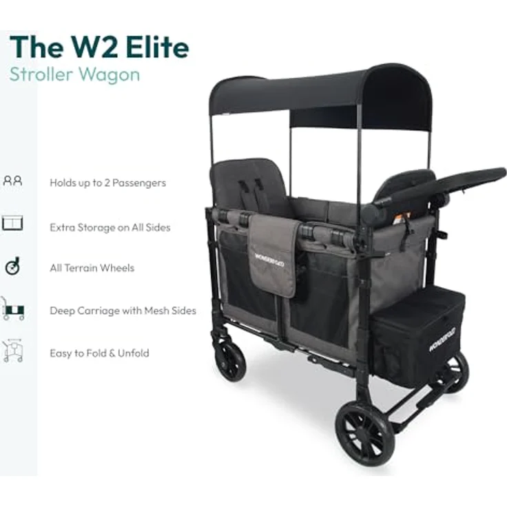 WONDERFOLD W2 Elite - Cochecito doble con 2 asientos altos cara a cara, arneses de 5 puntos, mango ajustable y toldo de protección UV, W2 Elite Gray – Bild 3