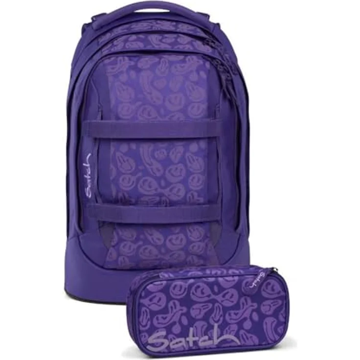 Satch pack Schulrucksack Set 2tlg. inkl. Schlamperbox mit 3D Soft-Mesh Rückensystem, 30 Liter Volumen, Bright Faces – Bild 1