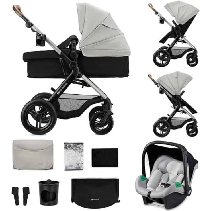 Kinderkraft MOOV 2 XL AIR, 3-in-1 Kinderwagenset bis 27 kg, mit I-Size Kindersitz 40-75 cm, große aufblasbare Räder, veränderbarer 2-in-1-Sitz, XL Babywanne, grau