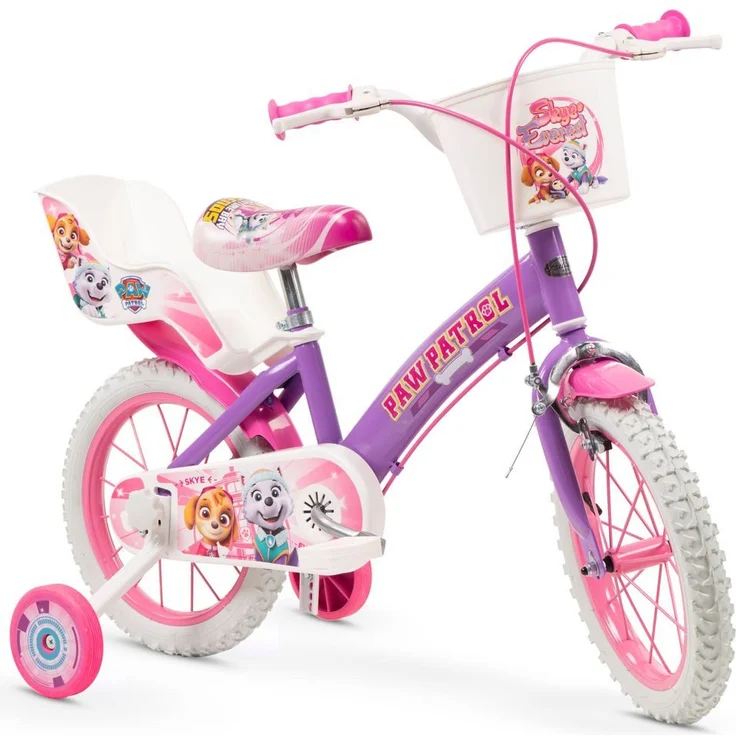 T&Y Trade Kinderfahrrad 14 Zoll Paw Patrol Lila, mit Puppensitz, Korb und Stützrädern