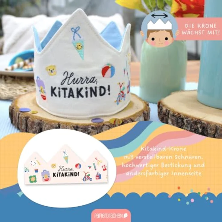Papierdrachen Krone Kitakind, Beige mit bunter Stickerei, Baumwolle, individuell anpassbar, für den Kindergartenstart – Bild 2