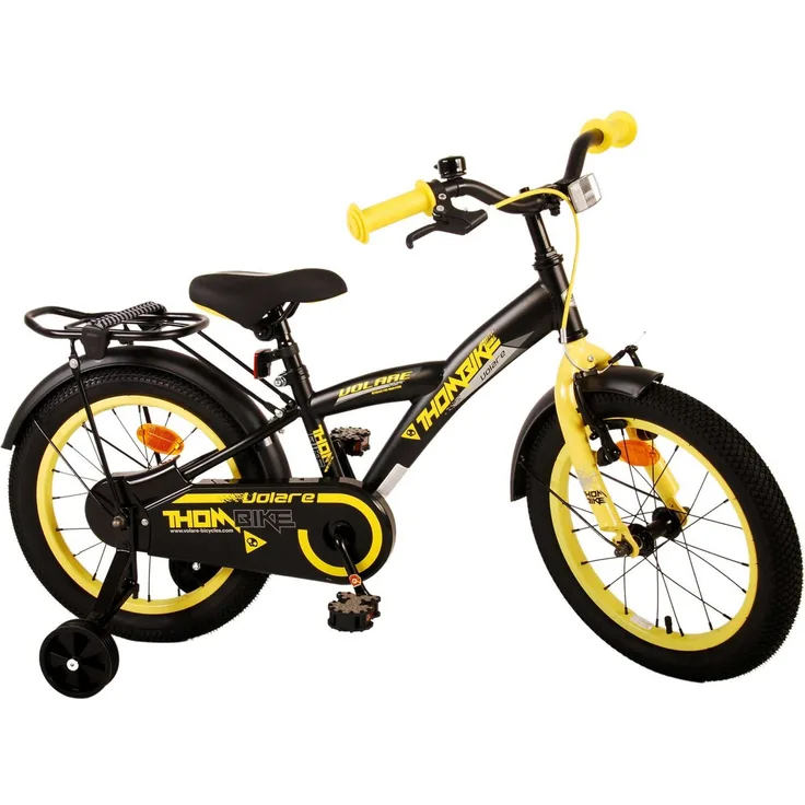 Volare Kinderfahrrad Thombike für Jungen 16 Zoll Schwarz Gelb, mit Handbremse, Rücktrittbremse und abnehmbaren Seitenrädern