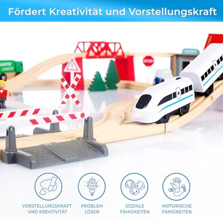 Kinderplay Holzeisenbahn Set für Kinder - Eisenbahn Kinder Elektrisch, Spielzeug Zug, Polizeistation, Autobahn und Bahnset mit Brücke, 80 Teilen, 378 cm lang, Modell (GS0010) – Bild 3