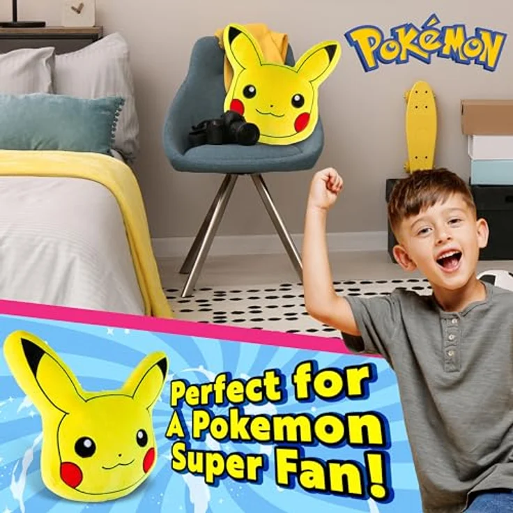 Pokémon Pikachu Plüsch Kissen, Weiches 3D Dekokissen für Kinder mit Füllung, 45 x 45 x 8,5 cm – Bild 4