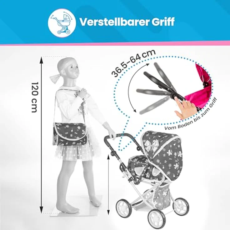 Kinderplay Puppenwagen 3 in 1 mit Tragetasche, höhenverstellbar 34.5 cm - 64 cm, KP0200I, rosa – Bild 5