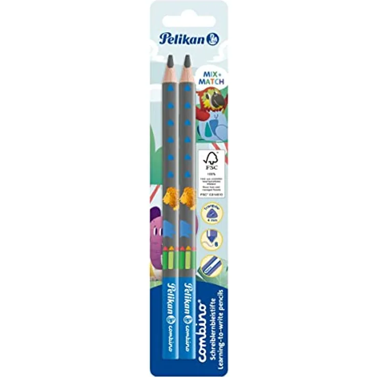 Pelikan 811187 Schreiblernbleistift Combino blau, 2 Stück auf Blisterkarte, FSC-Holz, ergonomische Dreikant-Form, Tier-Motive