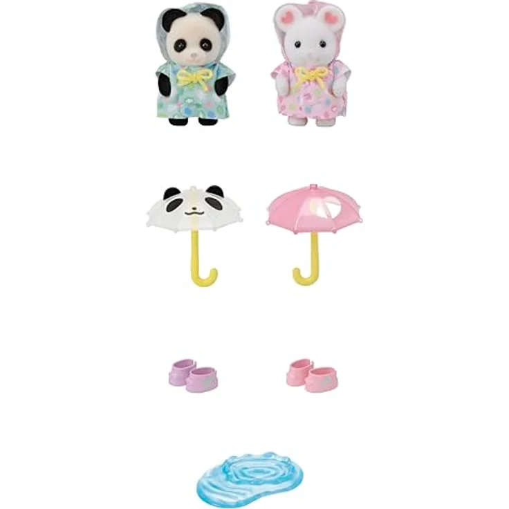 Sylvanian Families 5748 Erlebniskindergarten Freunde “Regenwetter”, Spielfigurenset mit 2 Baby Figuren, Regenmanteln, 2 Regenschirmen und Wasserpfütze – Bild 5