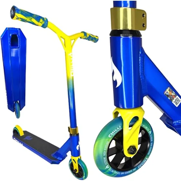 Chilli Pro Scooter Jumpstart S, Stunt-Scooter 71 cm, transparent Blau / Gelb, leicht und stabil für Einsteiger