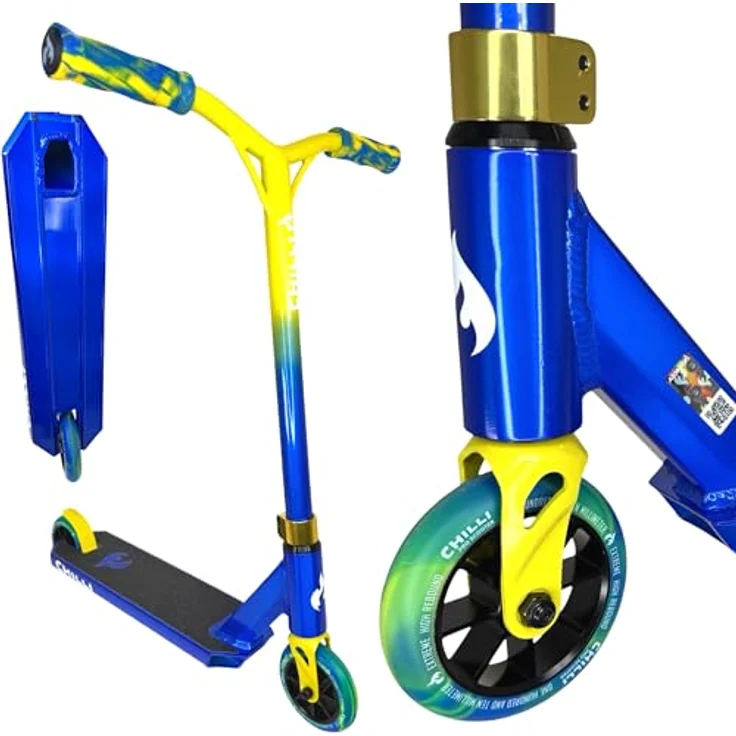 Chilli Pro Scooter Jumpstart S, Stunt-Scooter 71 cm, transparent Blau / Gelb, leicht und stabil für Einsteiger – Bild 1
