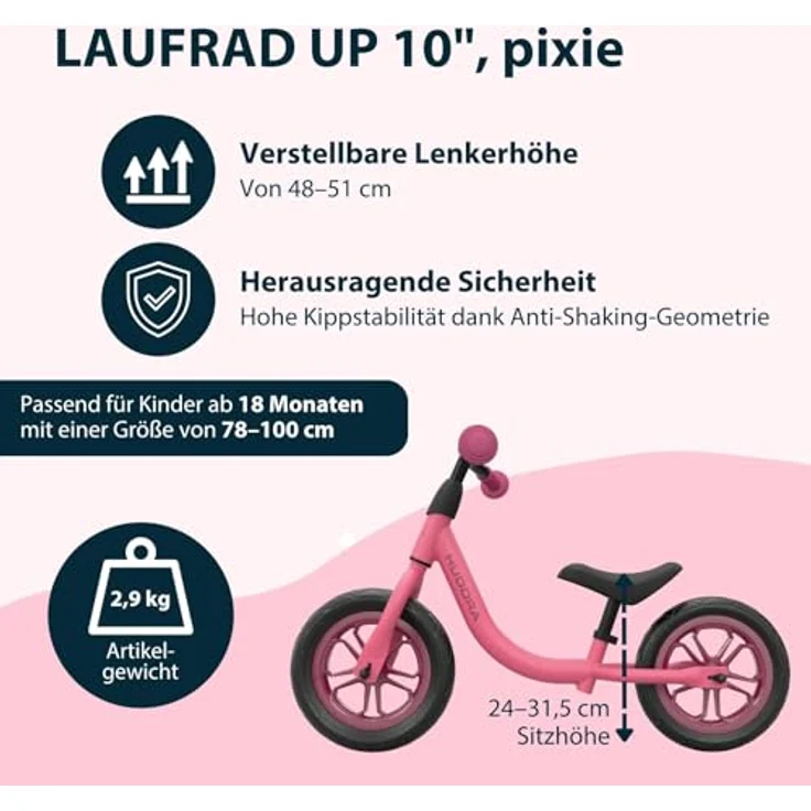 HUDORA Laufrad Up 10 Zoll Pixie, leichtes Gleichgewichtsrad für Kinder ab 18 Monaten, hohe Kippstabilität, ergonomischer Sattel, verstellbarer Lenker, 2 Räder, geeignet für 78-100 cm Körpergröße – Bild 2