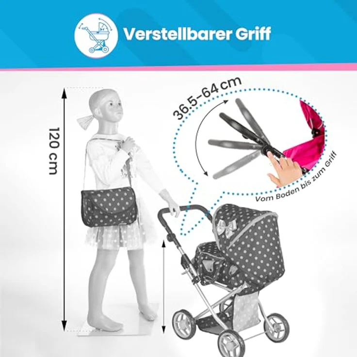 Kinderplay Kinderwagen Spielzeug - 3 in 1 Puppenwagen mit Tragetasche, Höhenverstellbar 34.5 cm bis 64 cm, KP0200G, in Grün – Bild 4