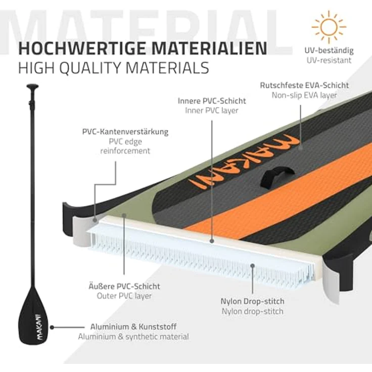 ECD Germany Aufblasbares Stand Up Paddle Board Makani, 320 x 80 x 15 cm, Olive, PVC, bis 120 kg, mit Pumpe und Zubehör – Bild 5