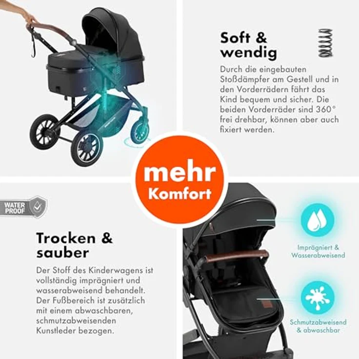 Daliya FLEXI-PRO M 2in1 Kombikinderwagen, klappbar mit Liegefunktion, höhenverstellbar, Dunkelgrau Leinen, für Neugeborene & Kleinkinder, mit großem Einkaufskorb – Bild 5