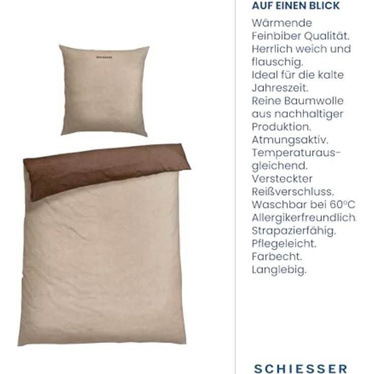 Schiesser Feinbiber Wendebettwäsche Doubleface, 100% Baumwolle, Farbe:Sand und Braun, Größe:135 cm x 200 cm – Bild 4