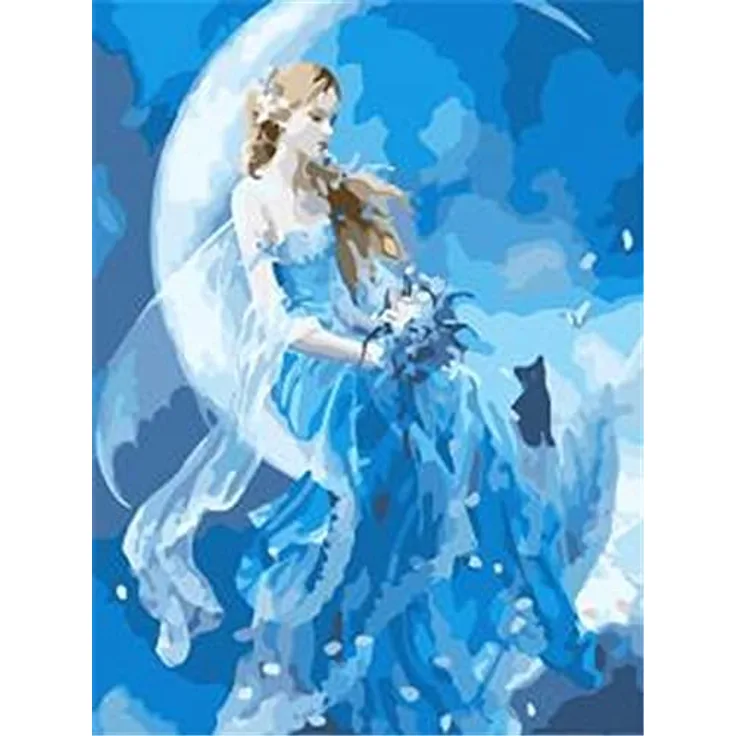 Diamond Painting Set, Bild mit Motiv Frau im Mond und Zubehör, Größe ca. 35 x 25 cm, Bastelset zum Malen mit Glitzersteinchen für Kinder ab 5 Jahren