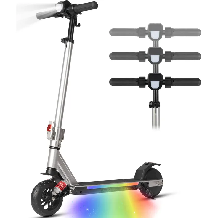 VANKEL Elektro-Kinderroller E-Scooter, 15 km Reichweite, 14 km/h, Höhenverstellbar, Federung, klappbar, silber, EBS+Fußbremse, Belastbarkeit 50 kg