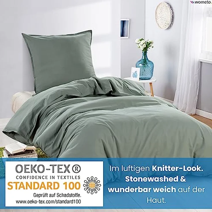 wometo Bettwäsche Renforce Stone-Washed 135x200 & 80x80 100% Baumwolle - grün OekoTex weich modern Used-Look Leinen-Optik – Bild 3