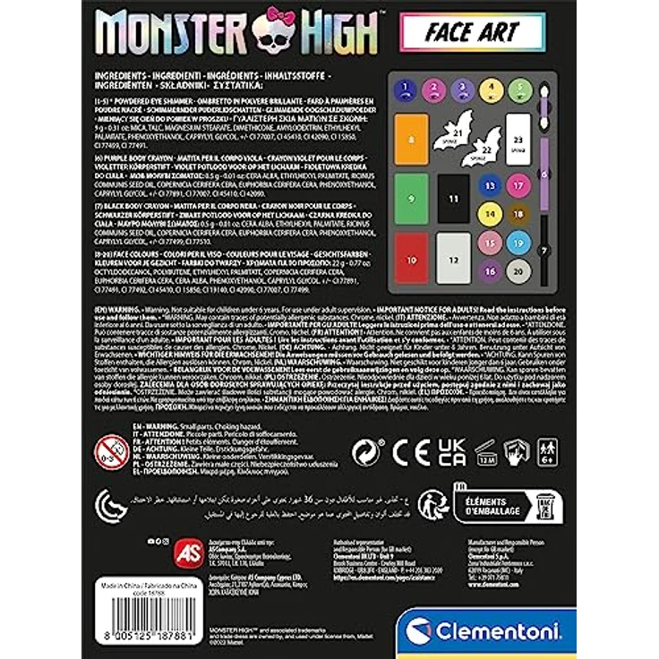 Clementoni Monster High Make-up-Set, Kinder Schminkset mit Gesichtsfarben, Lidschatten, Körperstiften, Applikator & Schwämmen – Bild 3