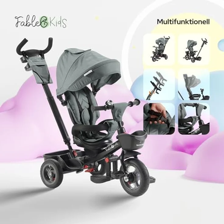 FableKids 5in1 Dreirad Noemi mit Schubstange ab 18 Monate bis 25kg, Vorwärts und Rückwärtsfahrt, PU-Reifen, Freilauf geräumiger, Korb, Tasche, Getränkehalter - Grau – Bild 3