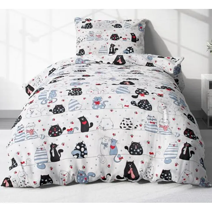 2-teilige Renforcé Kinder Bettwäsche 135x200cm und 80x80cm - Katzen, Pfoten, Herzen - 100% Baumwolle, Bettgarnitur (KY-Katzen-Weiß)