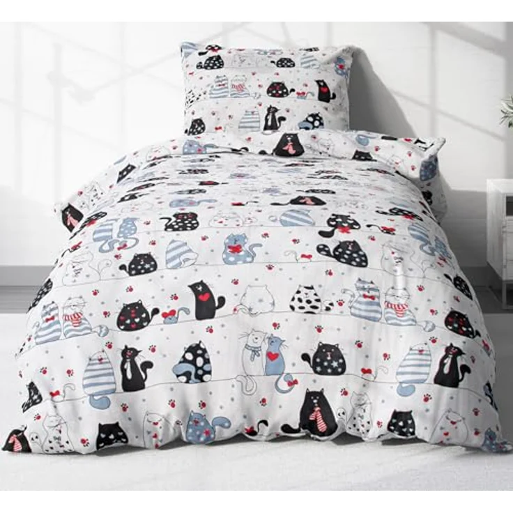 2-teilige Renforcé Kinder Bettwäsche 135x200cm und 80x80cm - Katzen, Pfoten, Herzen - 100% Baumwolle, Bettgarnitur (KY-Katzen-Weiß) – Bild 1