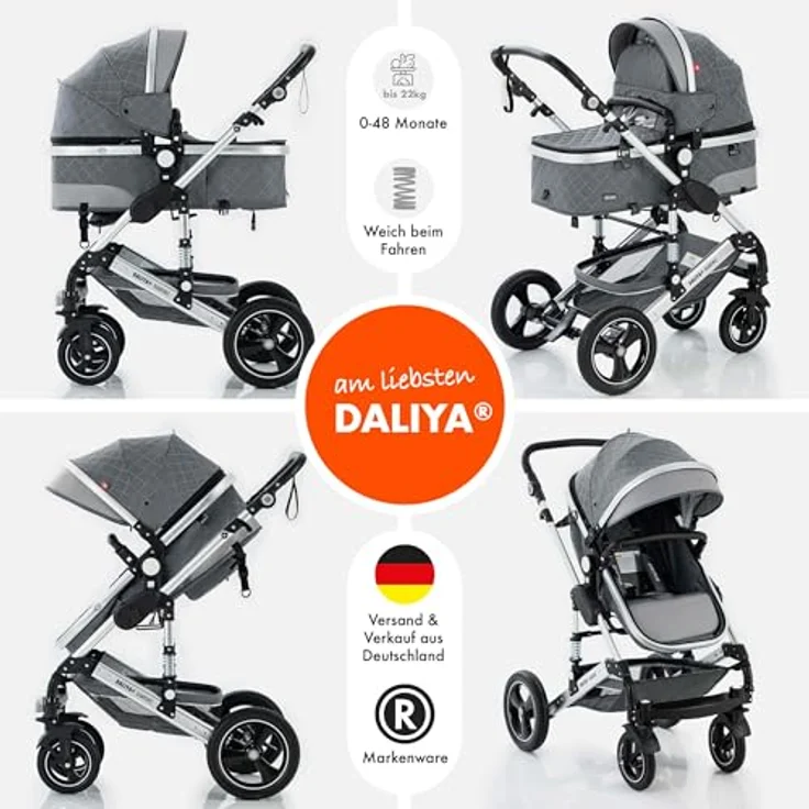 Daliya BAMBIMO 2in1 Kinderwagen & Buggy, grau mit silbernem Rahmen, Babywanne umbaubar zum Sportsitz, UV-Schutz 50+, belüftete Klimazonen, pannensichere Airless Reifen – Bild 2