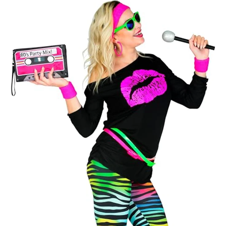 W WIDMANN MILANO Party Fashion T-Shirt 80er Jahre, ärmelloses Shirt mit pinkem Kiss Lips Design, schwarz, Größe S/M für Mottoparty und Fasching – Bild 3