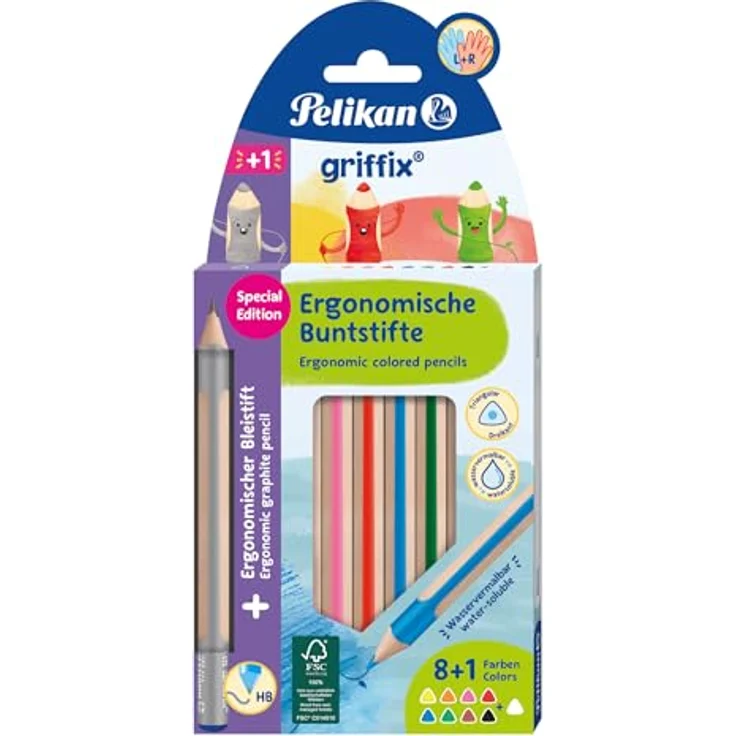 Pelikan griffix Buntstift/Bleistift Mix 10 Stück in Faltschachtel, 9 kräftige Farben, Wasservermalbare Mine, ergonomische Griffzone, HB Bleistift – Bild 1